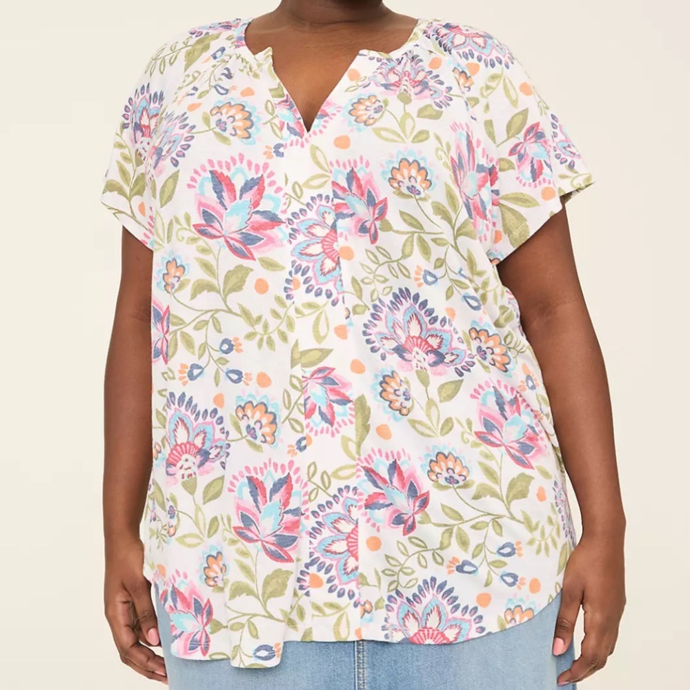 Lane Bryant UEC size 14/16 White Floral Split-Neck Tunic w/ Pink & Green Accents